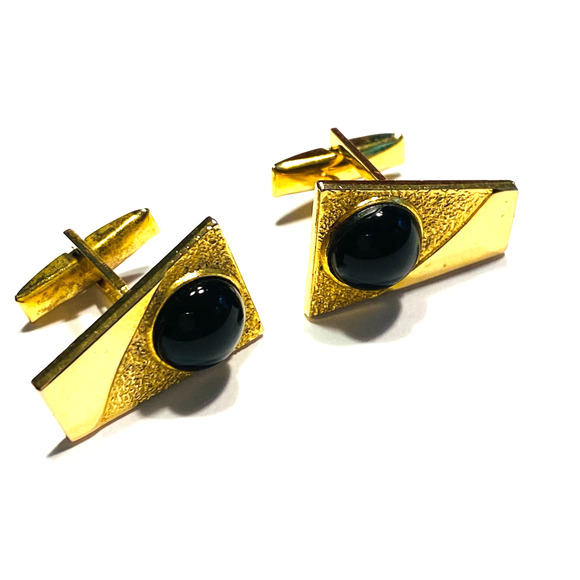Vintage Mid Century Cufflinks gold & black domed polished stones hallmarked S - Picture 1 of 7